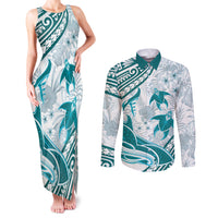 Cyan Polynesia Couples Matching Tank Maxi Dress and Long Sleeve Button Shirt Polynesian Turtle Shark Tattoo Tropical Vintage LT14 Cyan - Polynesian Pride