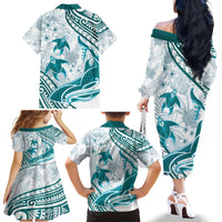 Cyan Polynesia Family Matching Off Shoulder Long Sleeve Dress and Hawaiian Shirt Polynesian Turtle Shark Tattoo Tropical Vintage LT14 - Polynesian Pride