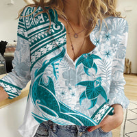 Cyan Polynesia Women Casual Shirt Polynesian Turtle Shark Tattoo Tropical Vintage LT14 Female Cyan - Polynesian Pride