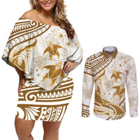 Gold Polynesia Couples Matching Off Shoulder Short Dress and Long Sleeve Button Shirt Polynesian Turtle Shark Tattoo Tropical Vintage LT14 Gold - Polynesian Pride