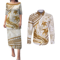 Gold Polynesia Couples Matching Puletasi and Long Sleeve Button Shirt Polynesian Turtle Shark Tattoo Tropical Vintage LT14 Gold - Polynesian Pride