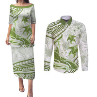 Lime Green Polynesia Couples Matching Puletasi and Long Sleeve Button Shirt Polynesian Turtle Shark Tattoo Tropical Vintage LT14 Lime Green - Polynesian Pride