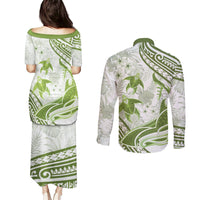 Lime Green Polynesia Couples Matching Puletasi and Long Sleeve Button Shirt Polynesian Turtle Shark Tattoo Tropical Vintage LT14 - Polynesian Pride