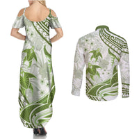 Lime Green Polynesia Couples Matching Summer Maxi Dress and Long Sleeve Button Shirt Polynesian Turtle Shark Tattoo Tropical Vintage LT14 - Polynesian Pride