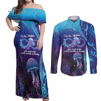 Polynesia Jellyfish Memorial Personalised Couples Matching Off Shoulder Maxi Dress and Long Sleeve Button Shirt Infinity Jellies Polynesian Pattern