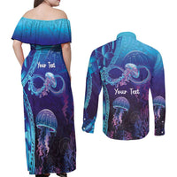 Polynesia Jellyfish Memorial Personalised Couples Matching Off Shoulder Maxi Dress and Long Sleeve Button Shirt Infinity Jellies Polynesian Pattern
