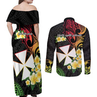 Wallis and Futuna Victory Day Couples Matching Off Shoulder Maxi Dress and Long Sleeve Button Shirt Liberty Equality Fraternity Polynesian Plumeria