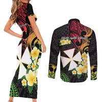 Wallis and Futuna Victory Day Couples Matching Short Sleeve Bodycon Dress and Long Sleeve Button Shirt Liberty Equality Fraternity Polynesian Plumeria