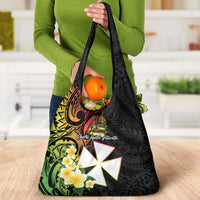 Wallis and Futuna Victory Day Grocery Bag Liberty Equality Fraternity Polynesian Plumeria