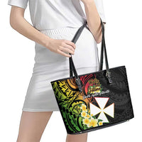 Wallis and Futuna Victory Day Leather Tote Bag Liberty Equality Fraternity Polynesian Plumeria