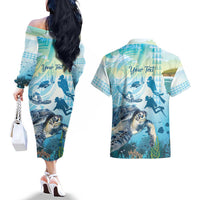 Personalized Snorkeling Hawaii Couples Matching Off The Shoulder Long Sleeve Dress and Hawaiian Shirt Ocean Lover Hawaiian Kakau Honu Turtle