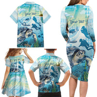Personalized Snorkeling Hawaii Family Matching Long Sleeve Bodycon Dress and Hawaiian Shirt Ocean Lover Hawaiian Kakau Honu Turtle