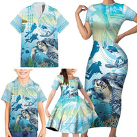 Personalized Snorkeling Hawaii Family Matching Short Sleeve Bodycon Dress and Hawaiian Shirt Ocean Lover Hawaiian Kakau Honu Turtle