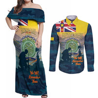 Niue ANZAC Day Couples Matching Off Shoulder Maxi Dress and Long Sleeve Button Shirt We Will Remember Them Camouflage Style