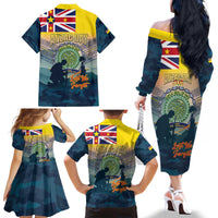 Niue ANZAC Day Family Matching Off The Shoulder Long Sleeve Dress and Hawaiian Shirt We Will Remember Them Camouflage Style