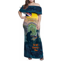 Niue ANZAC Day Family Matching Off Shoulder Maxi Dress and Hawaiian Shirt We Will Remember Them Camouflage Style