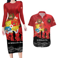 Tonga ANZAC Day Couples Matching Long Sleeve Bodycon Dress and Hawaiian Shirt Ngatu Pattern We Will Remember Them