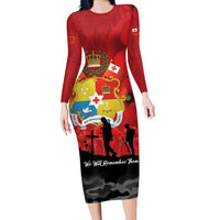 Tonga ANZAC Day Family Matching Long Sleeve Bodycon Dress and Hawaiian Shirt Ngatu Pattern We Will Remember Them LT14 Mom's Dress Red - Polynesian Pride