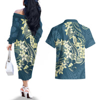 Cyan Polynesia Hammerhead Shark Tattoo With Plumeria Lei Couples Matching Off The Shoulder Long Sleeve Dress and Hawaiian Shirt