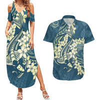 Cyan Polynesia Hammerhead Shark Tattoo With Plumeria Lei Couples Matching Summer Maxi Dress and Hawaiian Shirt LT14 Cyan - Polynesian Pride