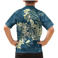 Cyan Polynesia Hammerhead Shark Tattoo With Plumeria Lei Family Matching Mermaid Dress and Hawaiian Shirt