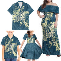 Cyan Polynesia Hammerhead Shark Tattoo With Plumeria Lei Family Matching Off Shoulder Maxi Dress and Hawaiian Shirt