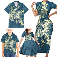 Cyan Polynesia Hammerhead Shark Tattoo With Plumeria Lei Family Matching Short Sleeve Bodycon Dress and Hawaiian Shirt