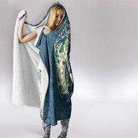 Cyan Polynesia Hammerhead Shark Tattoo With Plumeria Lei Hooded Blanket