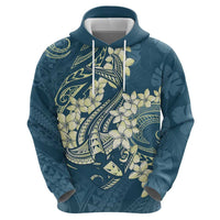 Cyan Polynesia Hammerhead Shark Tattoo With Plumeria Lei Hoodie