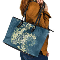 Cyan Polynesia Hammerhead Shark Tattoo With Plumeria Lei Leather Tote Bag