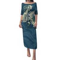 Cyan Polynesia Hammerhead Shark Tattoo With Plumeria Lei Puletasi LT14 Long Dress Cyan - Polynesian Pride