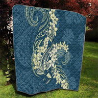 Cyan Polynesia Hammerhead Shark Tattoo With Plumeria Lei Quilt