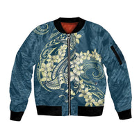 Cyan Polynesia Hammerhead Shark Tattoo With Plumeria Lei Sleeve Zip Bomber Jacket