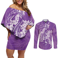 Purple Polynesia Hammerhead Shark Tattoo With Plumeria Lei Couples Matching Off Shoulder Short Dress and Long Sleeve Button Shirt LT14 Purple - Polynesian Pride