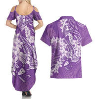 Purple Polynesia Hammerhead Shark Tattoo With Plumeria Lei Couples Matching Summer Maxi Dress and Hawaiian Shirt