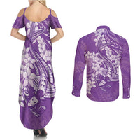 Purple Polynesia Hammerhead Shark Tattoo With Plumeria Lei Couples Matching Summer Maxi Dress and Long Sleeve Button Shirt