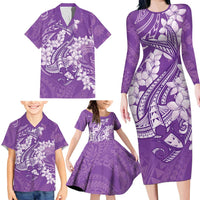 Purple Polynesia Hammerhead Shark Tattoo With Plumeria Lei Family Matching Long Sleeve Bodycon Dress and Hawaiian Shirt