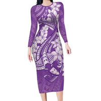 Purple Polynesia Hammerhead Shark Tattoo With Plumeria Lei Family Matching Long Sleeve Bodycon Dress and Hawaiian Shirt