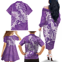 Purple Polynesia Hammerhead Shark Tattoo With Plumeria Lei Family Matching Off The Shoulder Long Sleeve Dress and Hawaiian Shirt