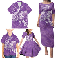 Purple Polynesia Hammerhead Shark Tattoo With Plumeria Lei Family Matching Puletasi and Hawaiian Shirt