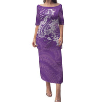 Purple Polynesia Hammerhead Shark Tattoo With Plumeria Lei Puletasi LT14 Long Dress Purple - Polynesian Pride