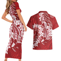 Red Polynesia Hammerhead Shark Tattoo With Plumeria Lei Couples Matching Short Sleeve Bodycon Dress and Hawaiian Shirt