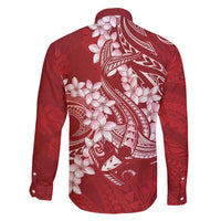 Red Polynesia Hammerhead Shark Tattoo With Plumeria Lei Family Matching Long Sleeve Bodycon Dress and Hawaiian Shirt