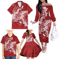Red Polynesia Hammerhead Shark Tattoo With Plumeria Lei Family Matching Off The Shoulder Long Sleeve Dress and Hawaiian Shirt