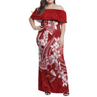 Red Polynesia Hammerhead Shark Tattoo With Plumeria Lei Family Matching Off Shoulder Maxi Dress and Hawaiian Shirt