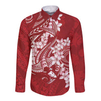 Red Polynesia Hammerhead Shark Tattoo With Plumeria Lei Long Sleeve Button Shirt LT14 Unisex Red - Polynesian Pride