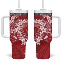 Red Polynesia Hammerhead Shark Tattoo With Plumeria Lei Tumbler With Handle