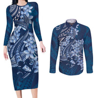 Navy Blue Polynesia Hammerhead Shark Tattoo With Plumeria Lei Couples Matching Long Sleeve Bodycon Dress and Long Sleeve Button Shirt LT14 Navy Blue - Polynesian Pride