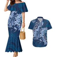 Navy Blue Polynesia Hammerhead Shark Tattoo With Plumeria Lei Couples Matching Mermaid Dress and Hawaiian Shirt LT14 Navy Blue - Polynesian Pride