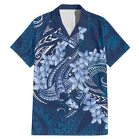 Navy Blue Polynesia Hammerhead Shark Tattoo With Plumeria Lei Family Matching Mermaid Dress and Hawaiian Shirt